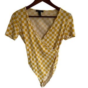Forever 21 Butter Yellow White Checkered Wrap V-Neck Short Sleeve Bodysuit Small